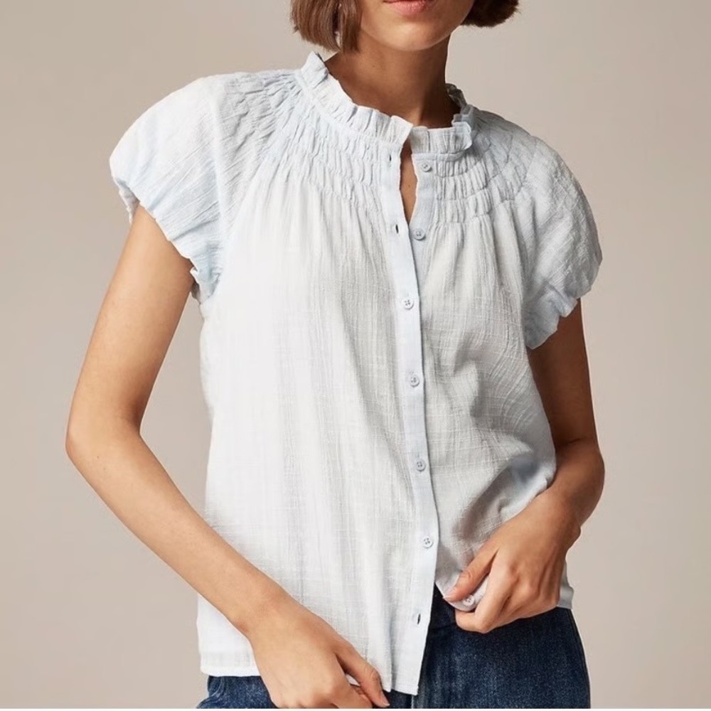 J. Crew Light Blue Ruffle Yoke Short Sleeve Button Front Blouse